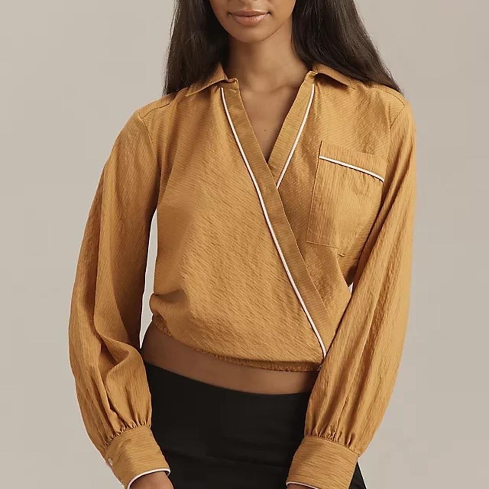 Anthropologie Maeve Long-Sleeve Piped Wrap Blouse